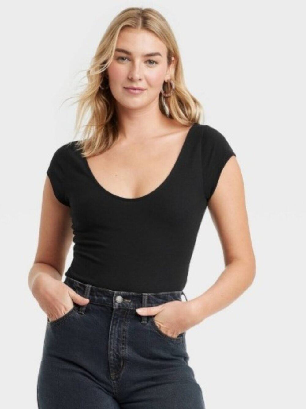 Universal Thread Black Scoop Neck Short Sleeve Bodysuit Size Small